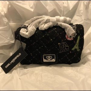 KARL LAGERFELD PARIS Embellished Boucle Shoulder Bag in Black Multi